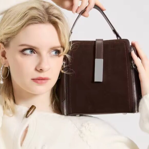 Trendy Genuine Suede Leather Shoulder Bag, Vintage Cowhide Tote Crossbody - Picture 8 of 14